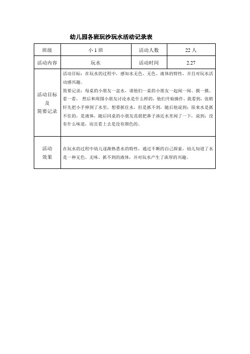 小班玩沙玩水记录表