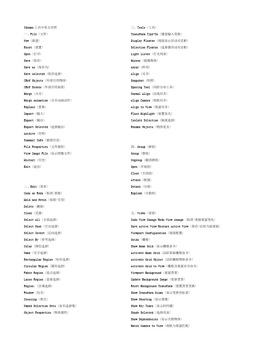 3DS MAX 工具 命令 中英文对照