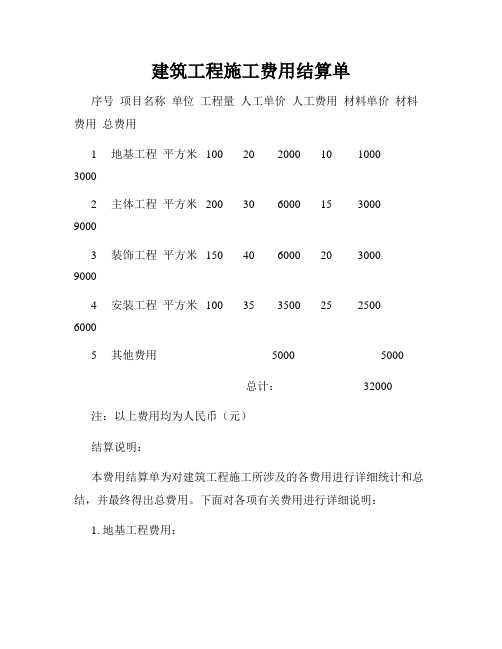 建筑工程施工费用结算单