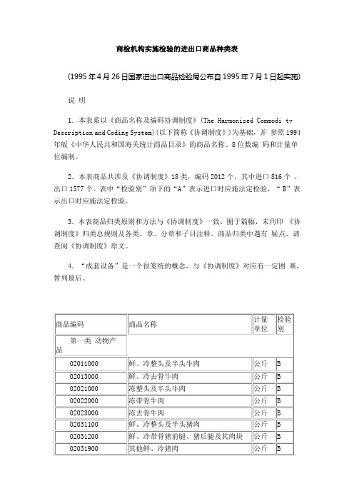 商检机构实施检验的进出口商品种类表