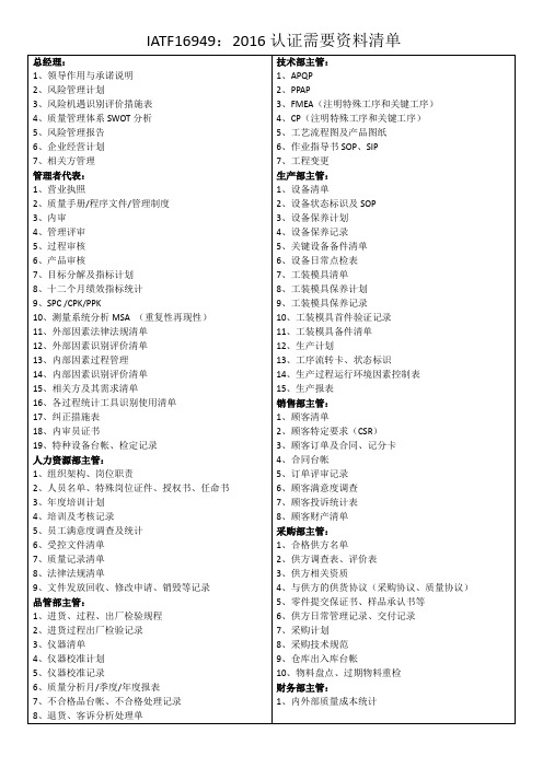 16949：2016审核 所需资料清单