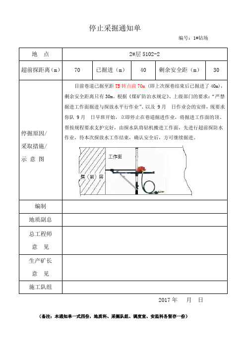 某煤矿探放水停止掘进技术通知单