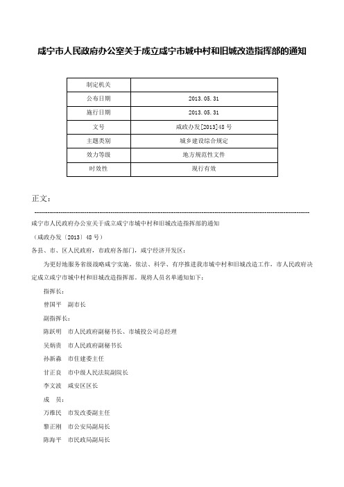 咸宁市人民政府办公室关于成立咸宁市城中村和旧城改造指挥部的通知-咸政办发[2013]48号