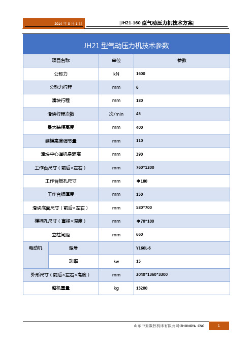 JH21-160气动冲床技术方案