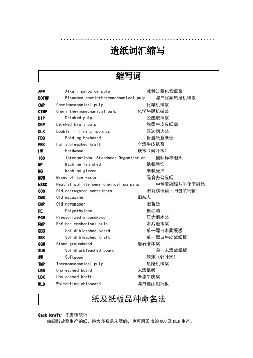 造纸词汇缩写