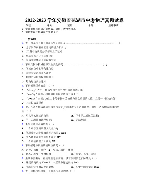 最新2022-2023学年安徽省芜湖市中考物理真题试卷及解析