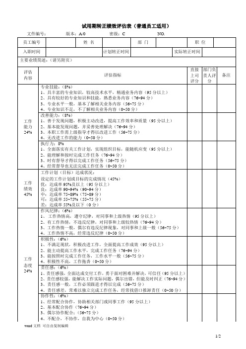 试用期转正绩效评估表(普通员工)