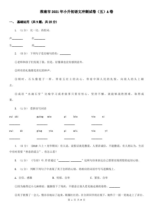 淮南市2021年小升初语文冲刺试卷(五)A卷