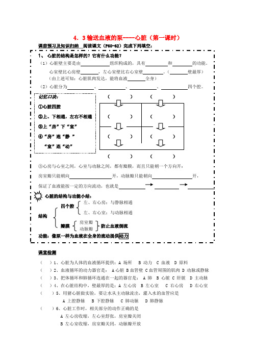 七年级生物下册 4.4.3 输送血液的泵----心脏导学案(无答案) 新人教版