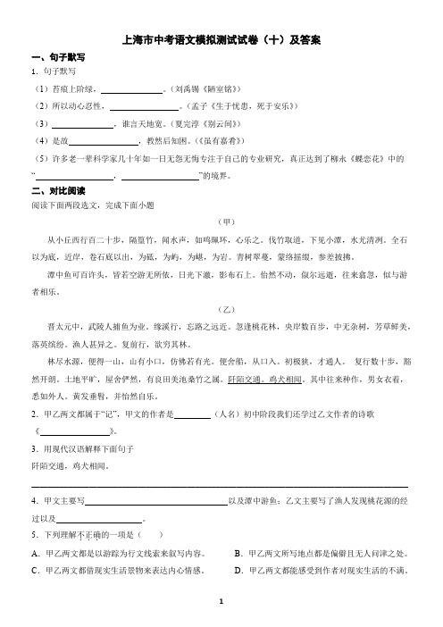 上海市中考语文模拟测试试卷(十)及答案