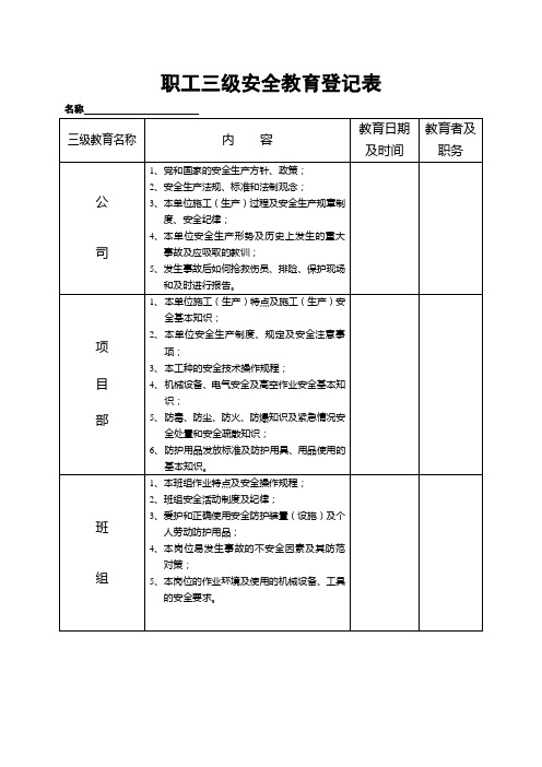 职工三级安全教育登记卡样板