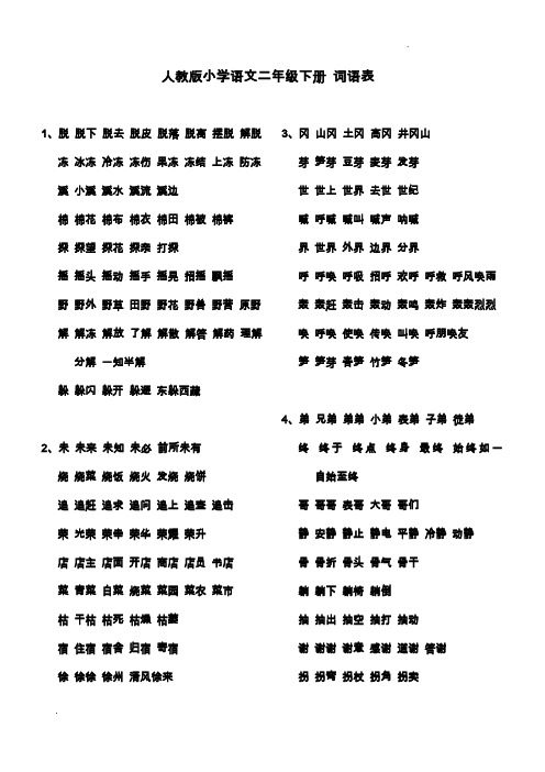 人教版二年级下册语文词语表