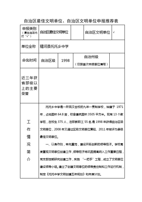 自治区文明单位(学校)推荐表