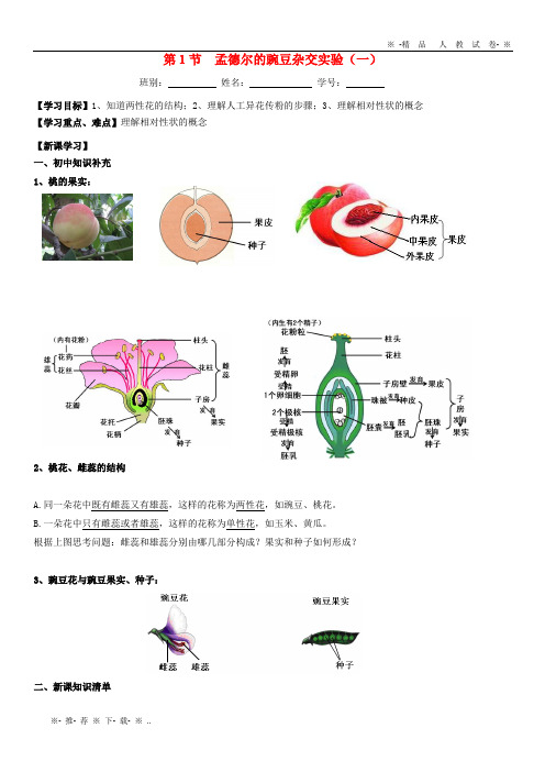 【人教版】2020高中生物 第1章 遗传因子的发现 第1节 孟德尔的豌豆杂交试验(1)导学案 新人教版必修2