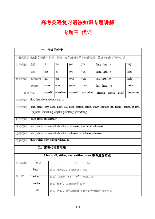 高考英语复习语法知识专题讲解3---代词(解析版)