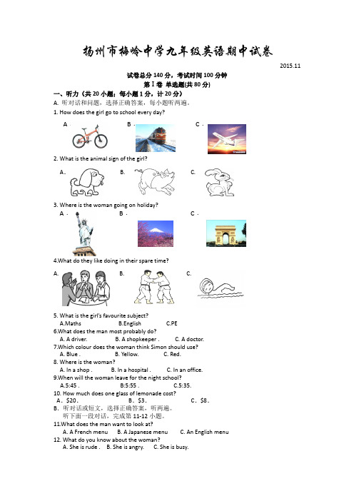 江苏省扬州梅岭中学2016届九年级上学期期中考试英语试卷