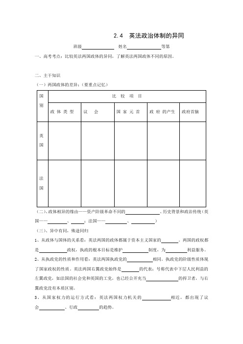 【高中政治】高二政治学案：2.4《英法政治体制的异同》(新人教版选修3)