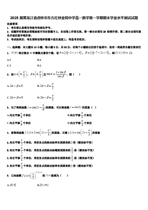 2025届黑龙江省虎林市东方红林业局中学高一数学第一学期期末学业水平测试试题含解析