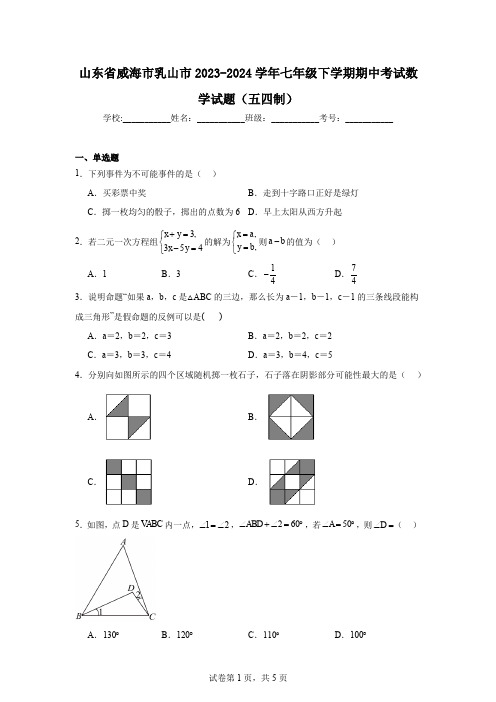 山东省威海市乳山市2023-2024学年七年级下学期期中考试数学试题(五四制)