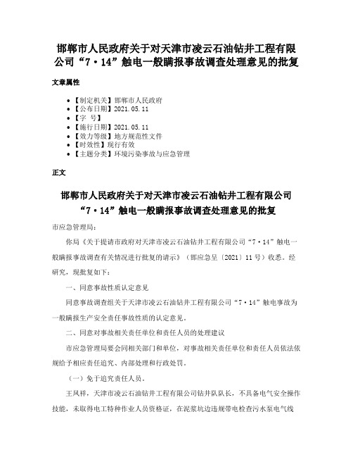 邯郸市人民政府关于对天津市凌云石油钻井工程有限公司“7·14”触电一般瞒报事故调查处理意见的批复