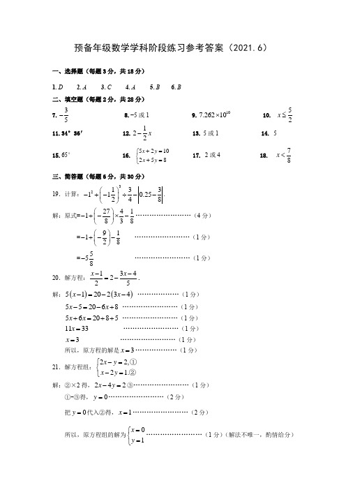 上海市浦东傅雷中学2020-2021学年六年级下学期期末阶段练习数学试题答案