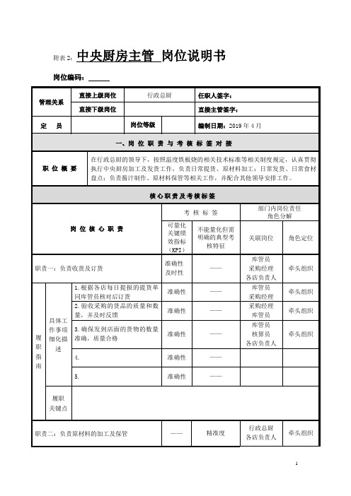 中央厨房主管《岗位说明书》