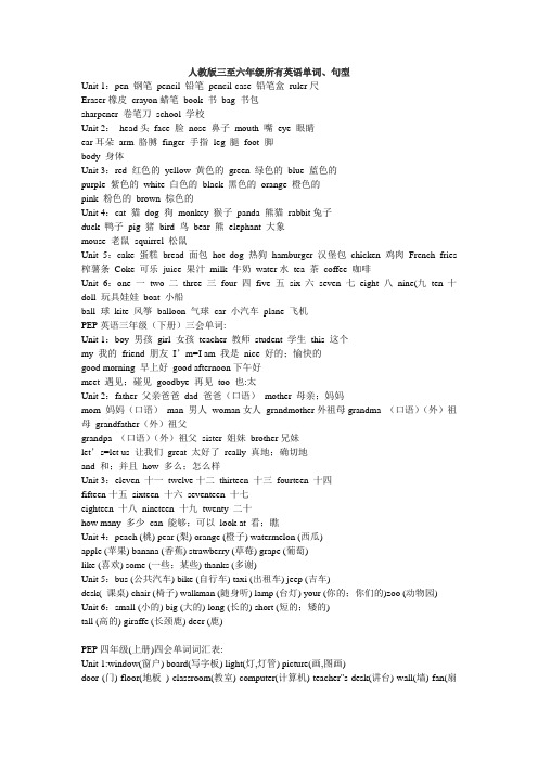 人教版三至六年级所有英语单词、句型