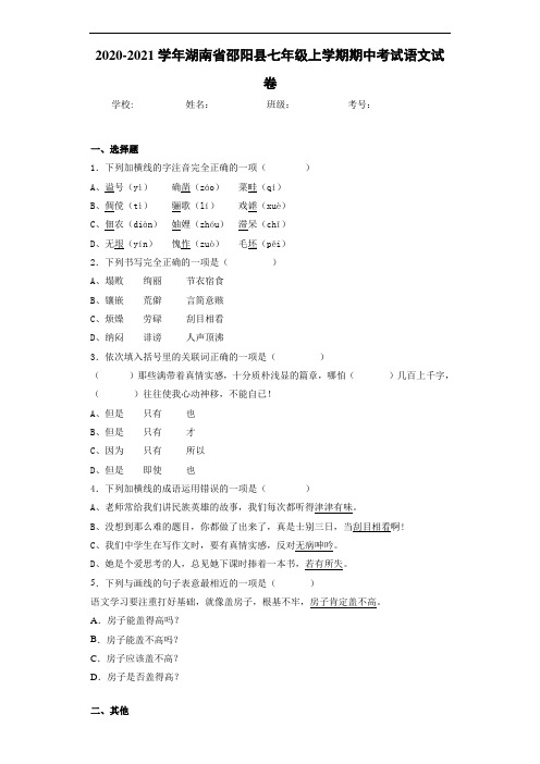 湖南省邵阳县七年级上学期期中考试语文试卷