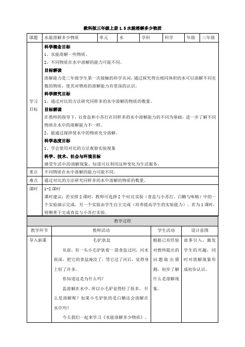 水能溶解多少物质教案及课时练习