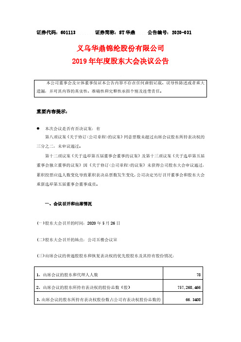 ST华鼎：2019年年度股东大会决议公告