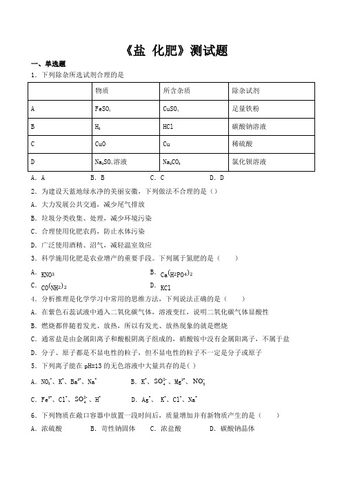 人教版化学九年级下册第11单元《盐 化肥》测试题(含答案) (1)