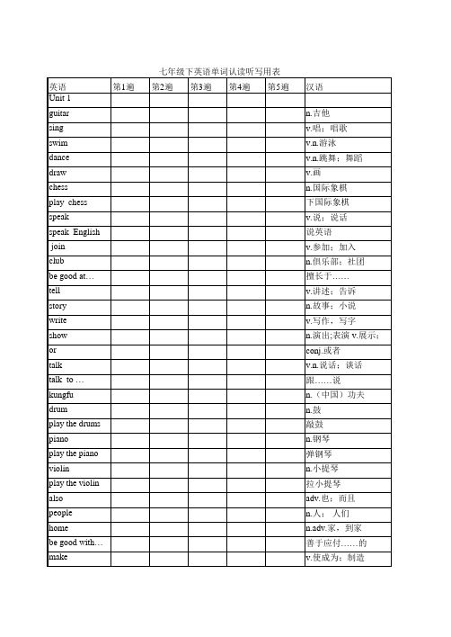 人教版英语七下词汇中英对照版(可默写)