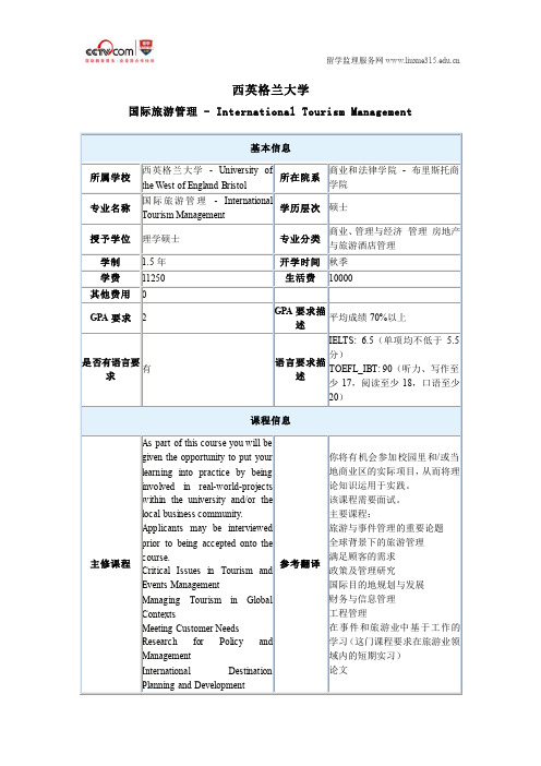 西英格兰大学国际旅游管理硕士