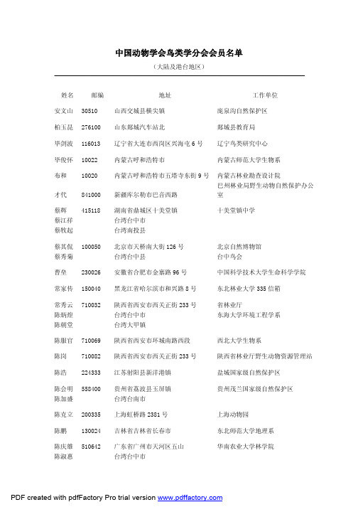 中国动物学会鸟类学分会会员名单