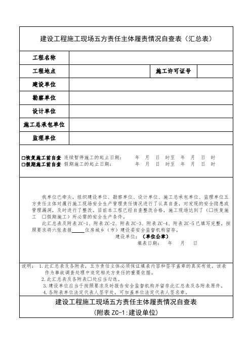 建设工程施工现场五方责任主体履责情况自查表