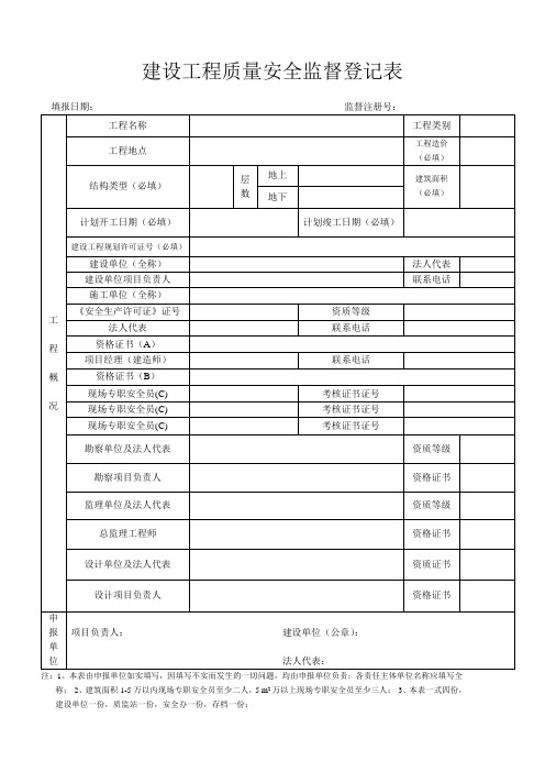 建设工程质量安全监督登记表