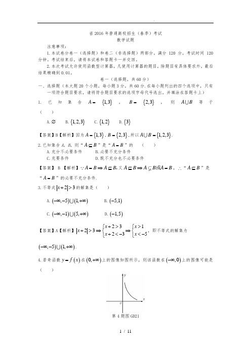 2016山东春季高考数学真题(含答案)