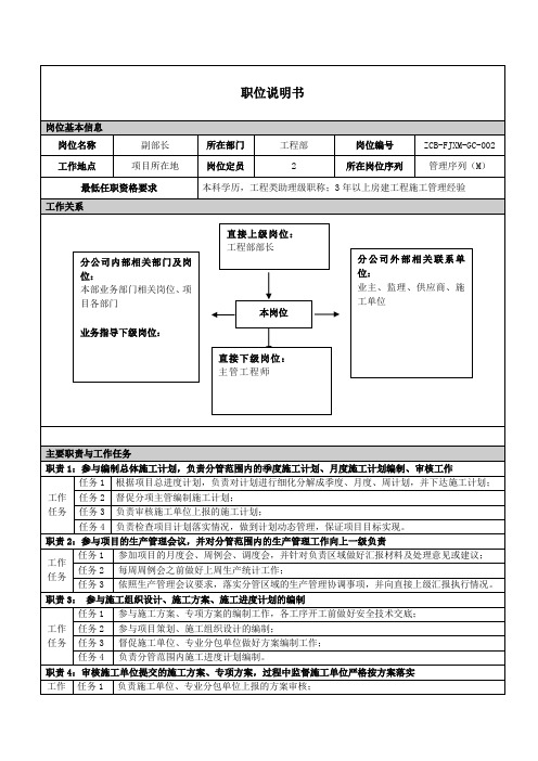 房建项目工程部副部长职位说明书