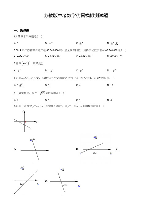 苏教版中考冲刺模拟考试《数学卷》含答案解析