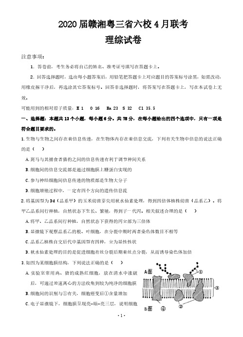 【4月赣粤湘三省六校联考理综】2020年赣粤湘三省六校高三下学期4月联考理科综合试卷及答案解析