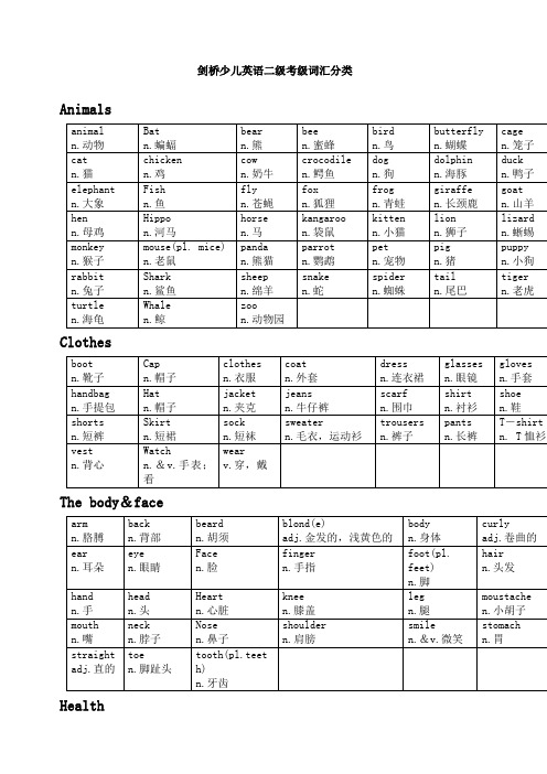 剑桥少儿英语二级考试词汇汇总