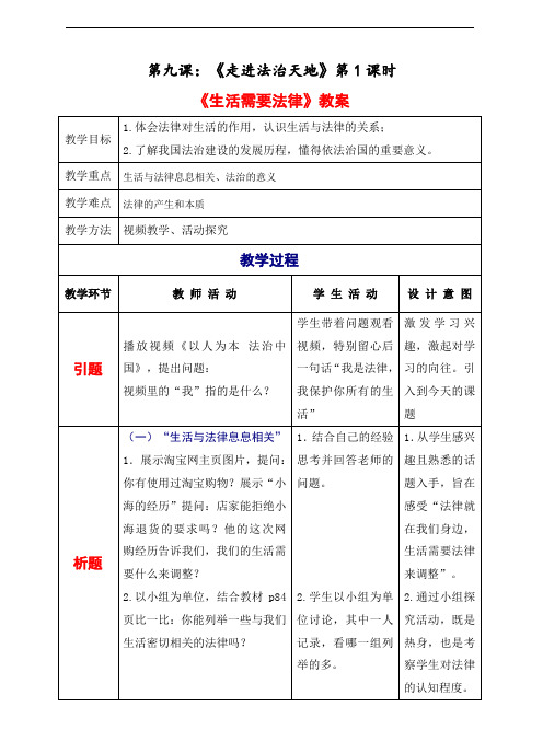 部编版道德与法治七年级下册第九课：《走进法治天地》第1课时 精品教案