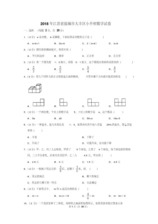 【精品】2018年江苏省盐城市大丰区小升初数学试卷(逐题解析版)