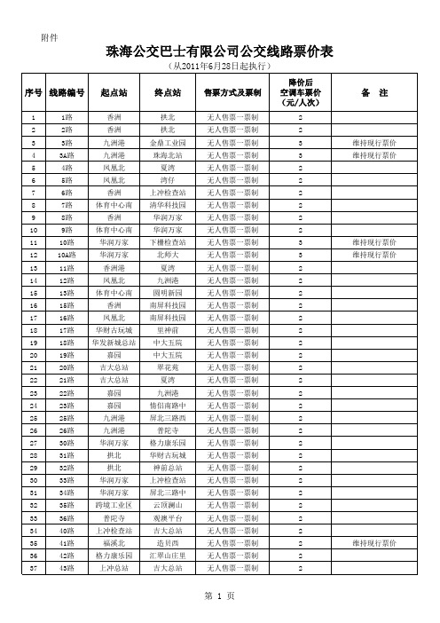 珠海公交巴士有限公司公交线路票价表