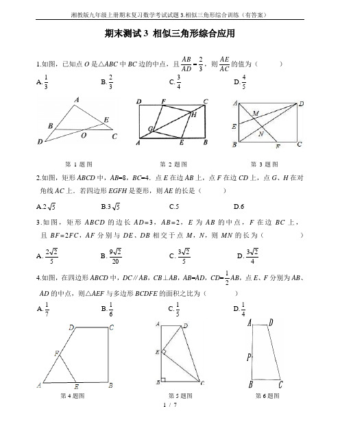 湘教版九年级上册期末复习数学考试试题3.相似三角形综合训练(有答案)