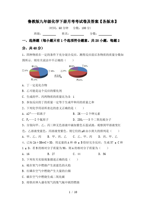 鲁教版九年级化学下册月考考试卷及答案【各版本】