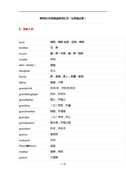 2023小升初英语单词汇总(分类速记表)