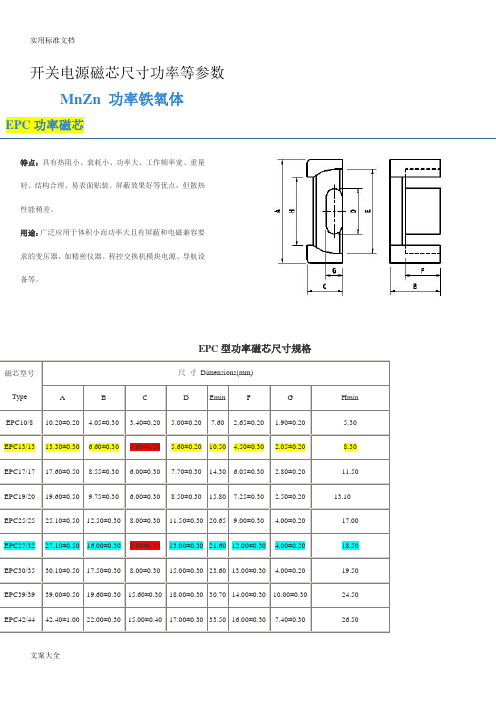 开关电源磁芯尺寸功率等全参数