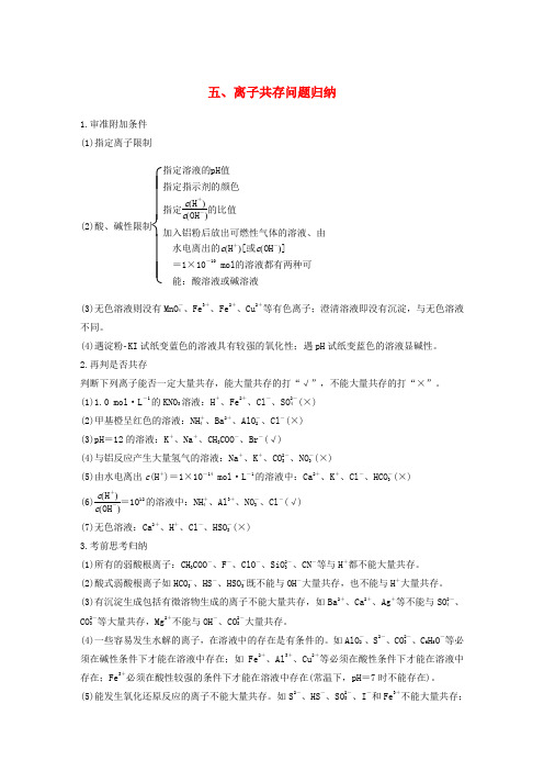 高考化学二轮复习第一篇基础知识巩固五离子共存问题归纳20171230313