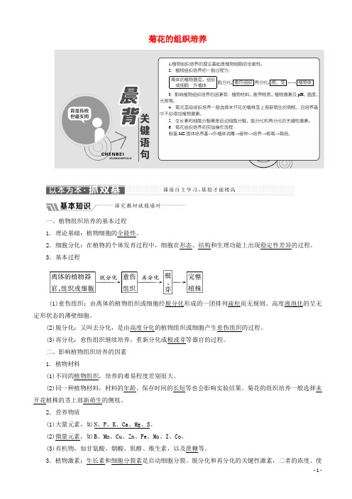 高中生物专题3课题1菊花的组织培养教学案含解析新人教版高二选修3